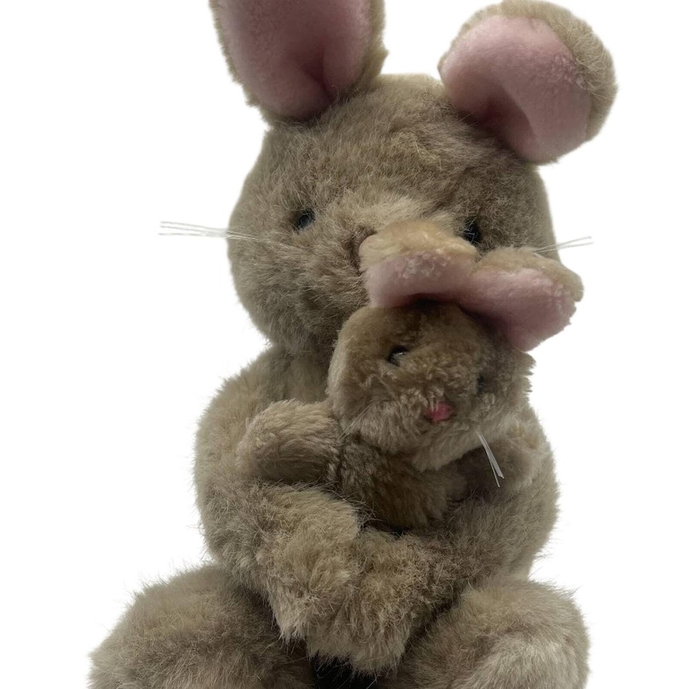 Vintage Dakin Mother and Baby Rabbit Plush Stuffed Animal Bunny‎ Taupe Pink 8in
